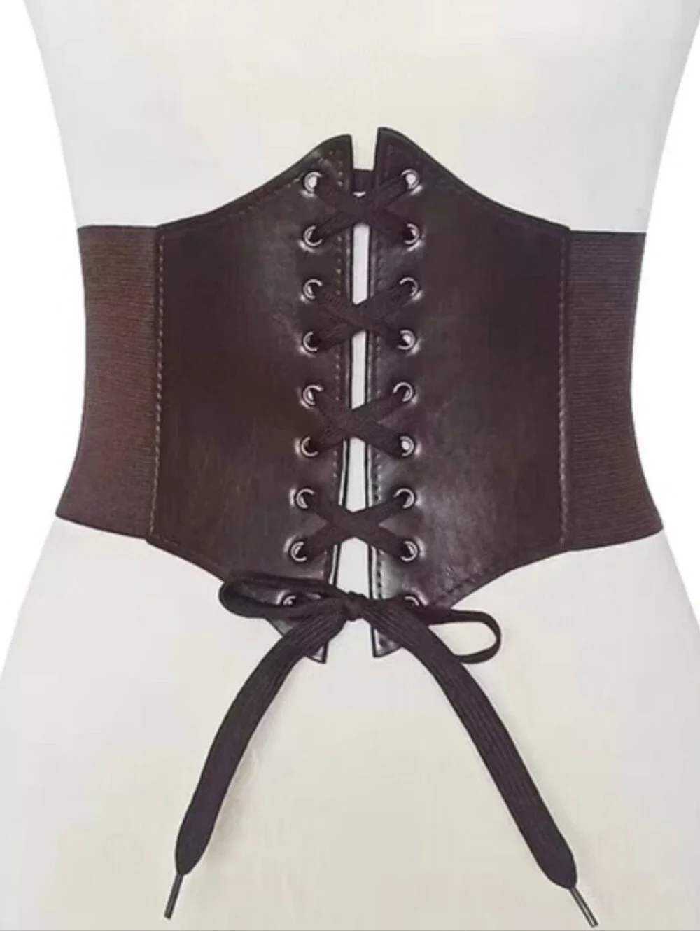 Corset Style Underbust Brown Elastic Wide Waist Belt Faux Leather One Size